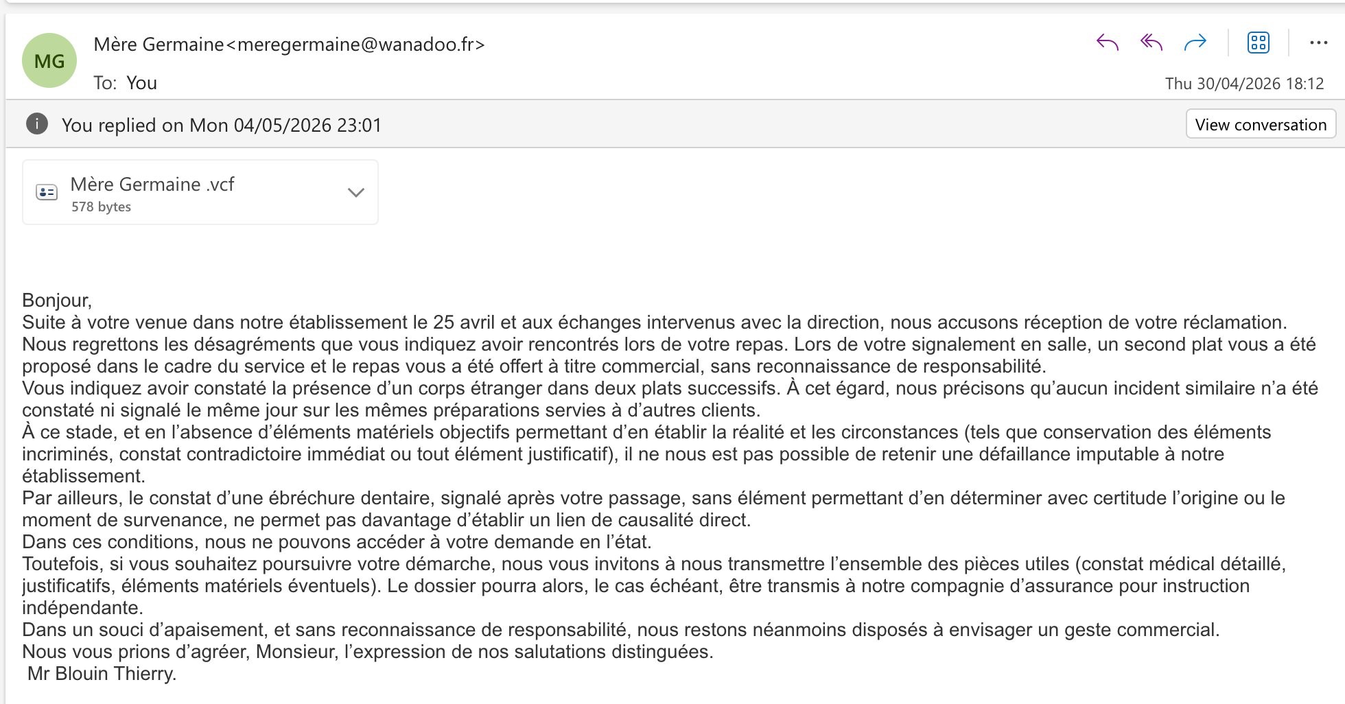 Restaurant written response